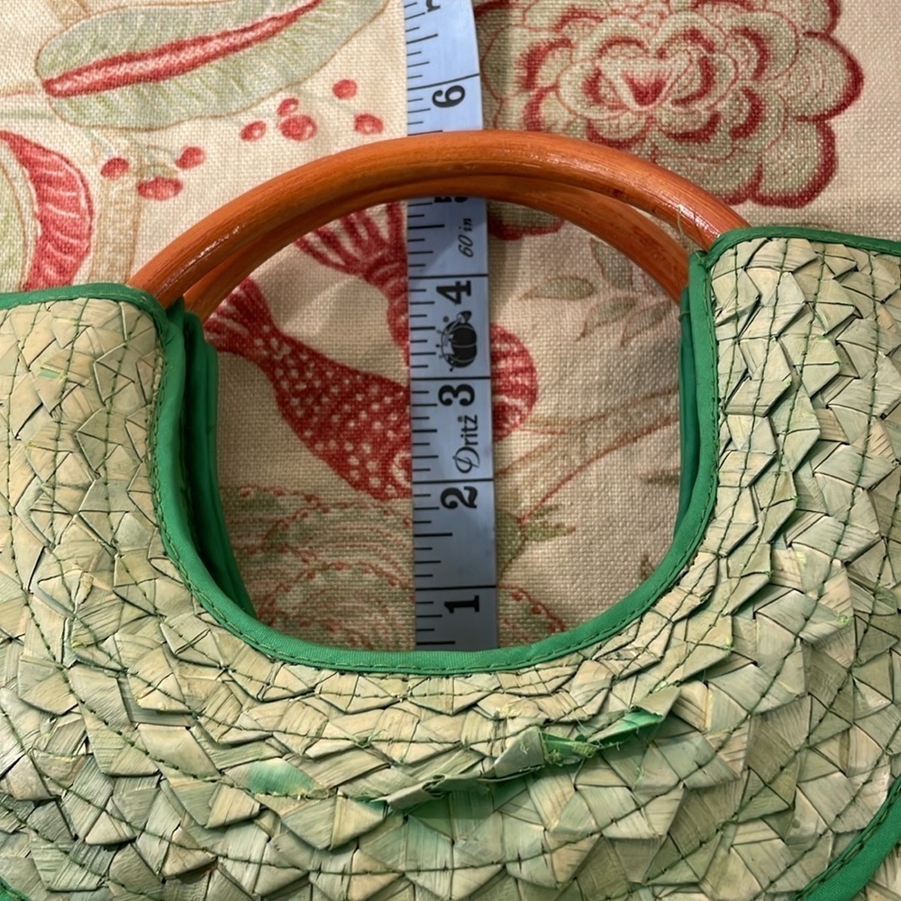 Green Woven Kelly Green Handcrafted Straw Tote Bag with Wooden Handles - Picture 9 of 16